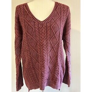 NATURAL REFLECTIONS Burgundy Acid Washed V-neck Cable Knit Sweater Medium